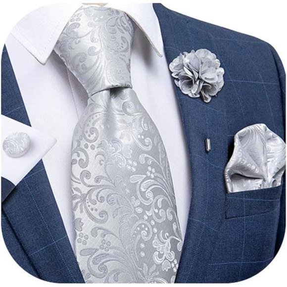 Silk Tie Woven Handkerchief Men's Necktie and Lapel Pin Brooch Set 05 Silver - Picture 3 of 6